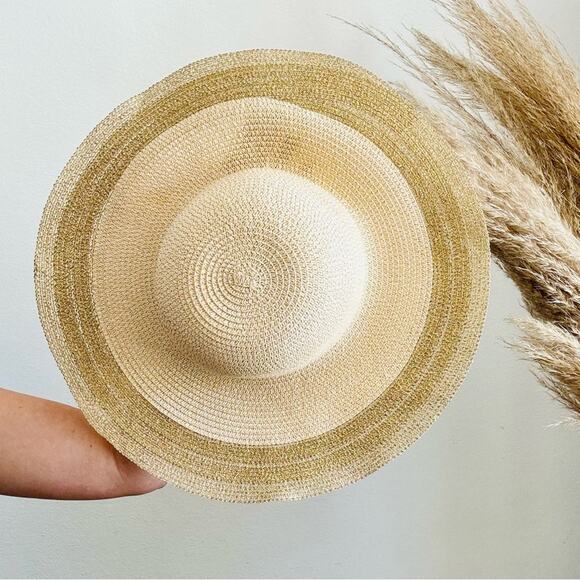 VINTAGE NORDSTROM Cream Tan Straw Wide Brim Floppy Gold Metallic Ribbon Sun Hat main image 4